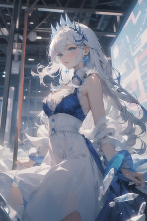 {{masterpiece}}, {{ultra detailed}}, {ultra quality}, {dramatic shadows}, {cinematic lighting}, intricate expression, ice princess, blue-white hair set in perfect princess curls. blue-white eyes, dress, athletic, button nose, slender, pale skin, creamy skin, C-cup, midjourney