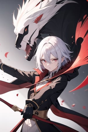 ((best quality)), ((masterpiece)), ((detailed)), female, long_hair, beautiful,  pale, regal, slender,  petite, coat, black gloves,  hair between eyes,  x-shaped pupils, streaked hair, short hair, wielding a scythe, threatening, arlecchino,