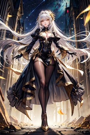 (masterpiece, best quality, highres:1.3), ultra resolution image, female, beautiful, long hair, dress, fantasy, medieval, white hair, golden eyes, young lady, slender, starlight, gold eyes, yellow eyes, heels, silk gloves, black pantyhose,Detailedface