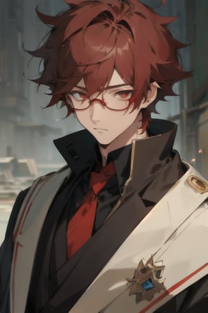  masterpiece, best quality, high quality, highres, official art, extremely detailed, ultra detailed, absurdres, detailed eyes, ((male, 1boy)), red hair, school, anime, slender, red eyes, scenery, background, glasses, messy hair with bangs,