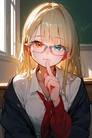 (score_9,score_8_up,score_7_up,score_6_up,score_5_up,score_4_up), anime, female, heterochromia, pale skin, blonde, glasses, sitting, school_uniform, thin silver glasses, 