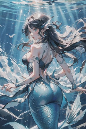 manga, anime, illustration, digital art,(masterpiece, best quality), female, slender, ((Great White Shark Mermaid)), Angular and strong face, high cheekbones, pointed chin, dark blue hair, long and flowing hair that often getting tangled in seaweed and coral, eyes are a piercing shade of blue, upper body of a human, pale skin, body is covered in intricate swirling patterns of darker blue and white that is reminiscent of a great white shark's skin, Her hips and legs merge into a shimmering tail that is powerful caudal fin and a series of dorsal fins running along her back, scales, scales on arms, fins, ((dorsal fins along back)), mermaid