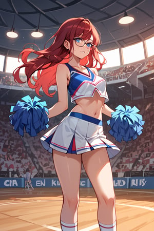 score_9_up, score_9, score_8_up, score_8, score_7, score_7_up, score_6_up, score_5_up, score_4_up, female, illustration, high contrast, low saturation, beautiful, cinematic, colourful lighting, dark red hair, red hair, glasses, petite, long hair, blue eyes, cheerleader,  high-school, background, BREAK,source_anime