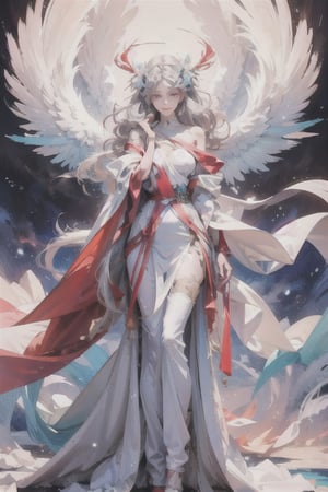 manga, anime, illustration, digital art, background, (masterpiece, best quality), female, wings, winged, silver hair, long flowing hair, slender figure, flowing white robes, turquoise eyes, long dress, 