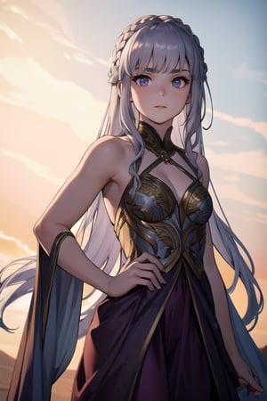 (beauty girl), (ultra-high picture quality), (masterpiece, best quality, highres:1.3), ultra resolution image, (1girl), (solo), female, Game of Thrones, purple eyes, silver-gold hair, flowing gown, slender, atheltic, delicate yet regal face with high cheekbones, a small nose,