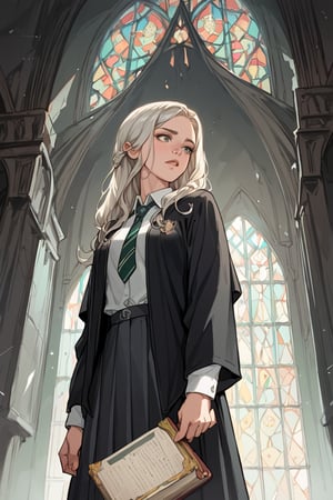 score_9_up, score_9, score_8_up, score_8, score_7, score_7_up, score_6_up, score_5_up, score_4_up, female, illustration, beautiful, cinematic, harry potter, slytherin, green and silver tie, black robes, skirt, platinum blonde hair, long hair,BREAK,source_anime