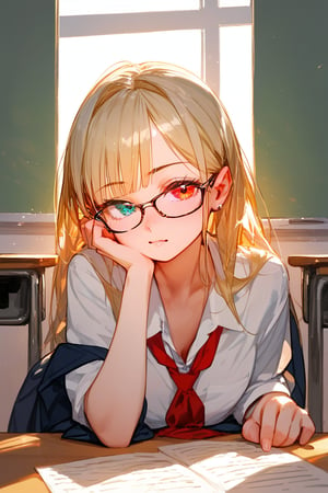 (score_9,score_8_up,score_7_up,score_6_up,score_5_up,score_4_up), lithe girl, female, heterochromia, pale skin, blonde, glasses, school girl, 