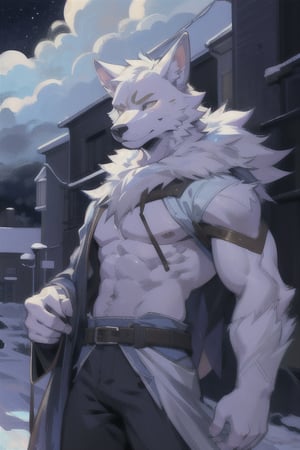 manga, anime, illustration, digital art, (masterpiece, best quality:1.2), (ultra detailed),(illustration), wallpaper, original, male, furry, tall, strong, anthro_wolf, ice_wolf_(species), lupine, college, modern day, anime_screencap, cartoon, slender, Furry male, white fur, wolf ears,