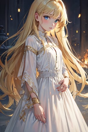 ((masterpiece)), ((ultra detailed)), (ultra quality), (very_high_resolution), realistic, golden blonde hair, blue eyes, pale skin, peasant, female from a poor family, petite, dress,