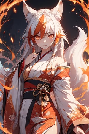 1girl, ((kitsune)), fox girl, fox ears, petite, small breasts, multiple fox tails, 6 fox tails, kitsune tails ,((red and white hair)), fiery hair, ((multicolored hair)), long hair, (slit pupils), (orange eyes), sparkling eyes,(looking at viewer), japanese style, (floral), ((kimono)), (masterpiece), ((best quality)), ((8k wallpaper)), ((ultra high resolution)), good composition, (ultra-detailed), illustration, beautiful art,, realistic, beautiful, good art, scenery, (magic eyes),armor