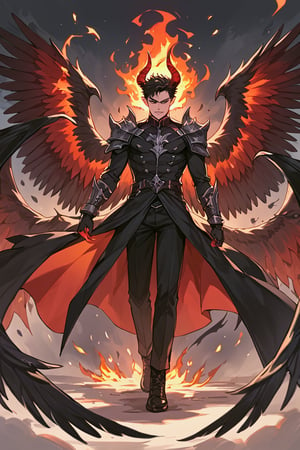 score_9_up, score_9, score_8_up, score_8, score_7, score_7_up, score_6_up, score_5_up, score_4_up, male, illustration, black hair, shoulder length hair, demon, regal horns, black feathered wings, (multiple wings), burning wings, refined clothes, hellscape, BREAK, source_anime,demonic,DonMD3m0nV31nsXL