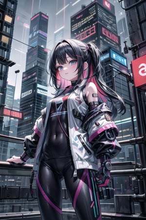 artoon, anime, illustration, digital art, background, (masterpiece, best quality), background, female, cyberpunk, black hair, (multicolored_hair), augmented_body, ((cybernetics)), jacket, cyborg,robotskin,  highly detailed, textured hair, bangs, leggings, port on her neck,cyber_mark, casual clothes, arms, rolled up sleeves, t-shirt,