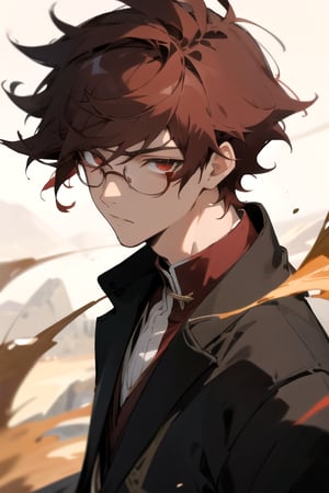  masterpiece, best quality, high quality, highres, official art, extremely detailed, ultra detailed, absurdres, detailed eyes, ((male, 1boy)), red hair, school, anime, slender, red eyes, scenery, background, glasses, messy hair with bangs,