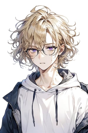 ((masterpiece)), ultra detailed, best quality, aesthetic, illustration, Beautiful eyes, detailed, background, stunning eyes, blonde hair, messy wavy hair, 1boy, male, nerdy, lean body, glasses, bruises, hoodie, short hair, long bangs, deepblue eyes, purple eyes,