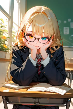 (score_9,score_8_up,score_7_up,score_6_up,score_5_up,score_4_up), lithe girl, female, heterochromia, pale skin, blonde, glasses, school girl, 