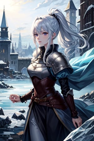 ((best quality)), ((masterpiece)), (detailed), scenery, pale skin, tomboy, (medieval), princess, ice, white hair, athletic, knight, long_ponytail, hourgrass, ice magic, icemagicAI,