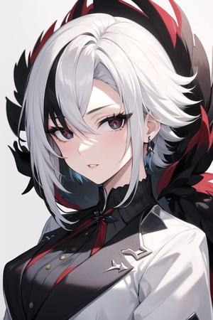 ((best quality)), ((masterpiece)), ((detailed)), female, long_hair, beautiful,  pale, regal, dress, noble lady, slender, large eyes, cute nose, full lips, petite, 1girl, solo, white hair, black hair, multicolored hair, x-shaped pupils, black eyes, suit, tomboy, short hair,