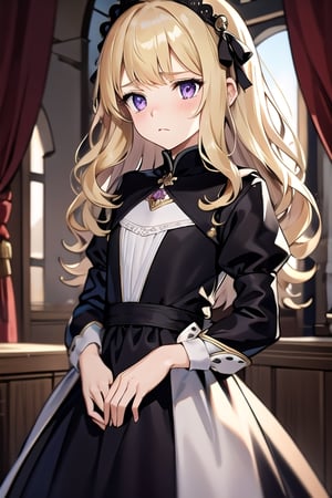 (masterpiece, best quality), (detailed), slender, purple eyes, long blonde hair, princess curls, medieval, royal, pretty, black dress, emotionless, sad, middle ages, small, cute,am3r1can girl