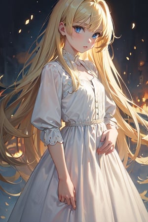 ((masterpiece)), ((ultra detailed)), (ultra quality), (very_high_resolution), realistic, golden blonde hair, blue eyes, pale skin, peasant, female from a poor family, petite, dress, simple dress, raggy,