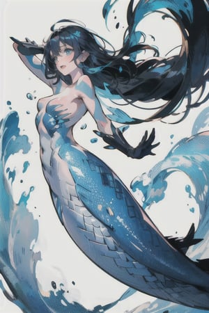 manga, anime, illustration, digital art, (masterpiece, best quality), female, slender, Great White Shark, Great White Shark Mermaid, (dark blue hair), long and flowing hair that often getting tangled in seaweed and coral, piercing blue eyes, pale skin, body is covered in intricate swirling patterns of darker blue and white, great white shark, a shimmering tail with a powerful caudal fin and dorsal fins running along her back, scales, scales on arms, fins, ((mermaid)), topless,