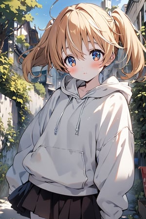 ((masterpiece)), ultra detailed, best quality, illustration, Beautiful eyes, detailed, background, scenery, stunning eyes, female, 1girl, slender, petite, pale skin, cute, blonde hair, detailed hair, pig tails, skirt, white baggy hoodie,rinrinne, school_girl,