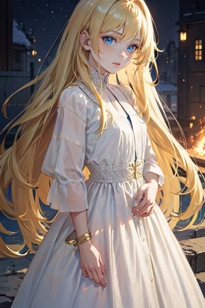 ((masterpiece)), ((ultra detailed)), (ultra quality), (very_high_resolution), realistic, golden blonde hair, blue eyes, pale skin, peasant, petite, dress, simple dress, 