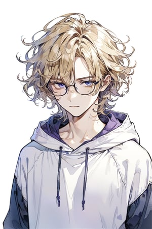 ((masterpiece)), ultra detailed, best quality, aesthetic, illustration, Beautiful eyes, detailed, background, stunning eyes, blonde hair, messy wavy hair, 1boy, male, nerdy, lean body, glasses, bruises, hoodie, short hair, long bangs, deep blue eyes, purple eyes,Expressiveh,