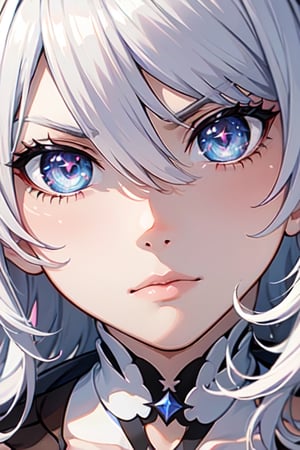 ((masterpiece)), ((best quality)), ((ultra high resolution)), kiana kaslana, white hair, long hair, wild hair, close_up, pissed_off. perfect eyes, perfect face, kiana kaslana, purple pupils,blue eyes