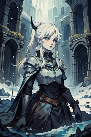 ((best quality)), ((masterpiece)), (detailed), scenery, pale skin, tomboy, (medieval), princess, ice, white hair, athletic, knight, long_ponytail, hourglass, ice magic, icemagicAI, ,nodf_lora