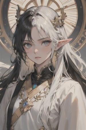 ((best quality)), ((masterpiece)), ((detailed)), long hair, (black hair) with white streaks, multicolored_hair, elven_ears, male, tall, king, regal, stoic expression, 