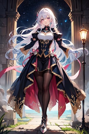 (masterpiece, best quality, highres:1.3), ultra resolution image, female, beautiful, long hair, dress, fantasy, medieval, pure white hair, ((Light blue and pink eyes)), slender, starlight, heels, silk white gloves, black pantyhose, princess, star, 