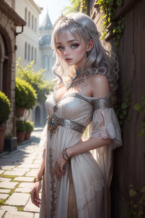 ((masterpiece)), ((ultra detailed)), (ultra quality), (very_high_resolution), scenery, realistic, pale skin, circlet, jewelery, bangs, straigh curly hair, long_silver_hair