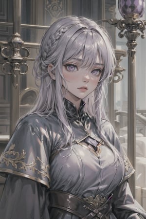 (beauty girl), (ultra-high picture quality), (masterpiece, best quality, highres:1.3), ultra resolution image, (1girl), (solo), female, Game of Thrones, ((purple eyes)), silver-gold hair, flowing gown, slender, atheltic, delicate yet regal face, high cheekbones, a small nose,