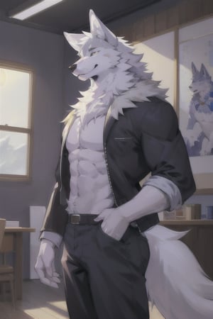 manga, anime, illustration, digital art, (masterpiece, best quality:1.2), (ultra detailed),(illustration), wallpaper, original, male, furry, tall, strong, anthro_wolf, ice_wolf_(species), lupine, college, modern day, anime_screencap, cartoon, slender, Furry male, white fur, wolf ears,