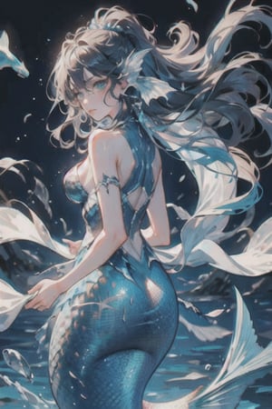 manga, anime, illustration, digital art,(masterpiece, best quality), female, slender, ((Great White Shark Mermaid)), Angular and strong face, high cheekbones, pointed chin, dark blue hair, long and flowing hair that often getting tangled in seaweed and coral, eyes are a piercing shade of blue, upper body of a human, pale skin, body is covered in intricate swirling patterns of darker blue and white that is reminiscent of a great white shark's skin, Her hips and legs merge into a shimmering tail that is powerful caudal fin and a series of dorsal fins running along her back, scales, scales on arms, fins, dorsal fins, mermaid