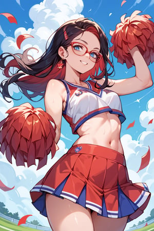 score_9_up, score_9, score_8_up, score_8, score_7, score_7_up, score_6_up, score_5_up, score_4_up, female, dark red hair, glasses, petite girl, long hair, blue eyes, cheerleader, hourglass figure, high-school,