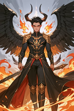 score_9_up, score_9, score_8_up, score_8, score_7, score_7_up, score_6_up, score_5_up, score_4_up, male, illustration, black hair, shoulder length hair, demon, warlord, demon, regal horns, feathered_wing, black feathered wings, ((multiple wings)), burning wings, refined clothes, arrogant,  semi realistic, BREAK source_cartoon