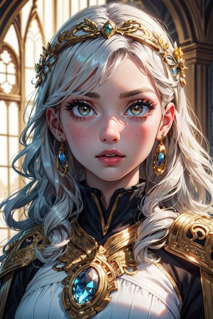 ((masterpiece)), ((ultra detailed)), (ultra quality), (very_high_resolution), realistic, very realistic , scenery, pale skin, circlet, jewelery, bangs, straigh curly hair, long_silver_hair, medieval style, ornate clothing, hair_accessories, golden yellow eyes, bright_pupils, big eyes,Detailedface,More Detail