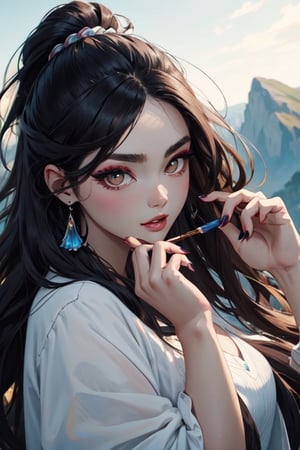 ((masterpiece)), ((ultra detailed)), (ultra quality), (very_high_resolution), scenery, pale skin, black hair, long hair, big eyes, brown eyes, painted nails, beauty, thin eyebrows, Douyin makeup, korean,