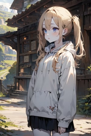 ((masterpiece)), ultra detailed, best quality, illustration, Beautiful eyes, detailed, background, scenery, stunning eyes, female, 1girl, slender, petite, pale skin, cute, blonde hair, detailed hair, pig tails, skirt, white large hoodie, v-tuber,