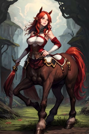 illustration, digital art, background, (masterpiece, best quality), detailed, female, red hair, shire horse, large horse, black fur, red hair, centaur, Centaur, large hooves, black centaur, white feet, large feet, battlehorse, 