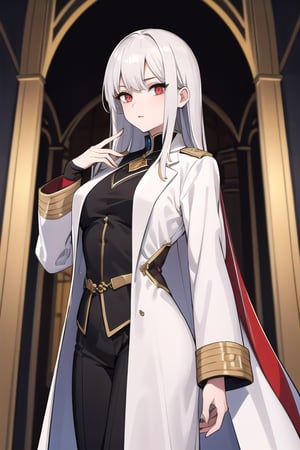 (masterpiece, best quality, highres:1.3), ultra resolution image, (1girl), (solo), female, medieval, long black hair, red eyes, sharp eyes, pale flawless skin, medieval, royalty, general, slender female, long white coat, dignitary uniform, 