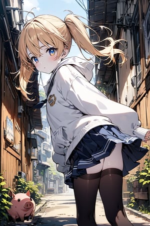 ((masterpiece)), ultra detailed, best quality, illustration, Beautiful eyes, detailed, background, scenery, stunning eyes, female, 1girl, slender, petite, pale skin, cute, blonde hair, detailed hair, pig tails, skirt, white baggy hoodie,rinrinne, school_girl, thighhigh socks, seifuku