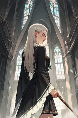 score_9_up, score_9, score_8_up, score_8, score_7, score_7_up, score_6_up, score_5_up, score_4_up, female, illustration, beautiful, cinematic, harry potter, slytherin, green and silver tie, black robes, skirt, platinum blonde hair, long hair,BREAK,source_anime