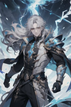 (masterpiece, best quality), (detailed), male, scarred, magic, handsome, handsome, powerful figure, black and grey hair, long hair, fantasy, icemagicAI, firemagicAI, lightningmagicAI