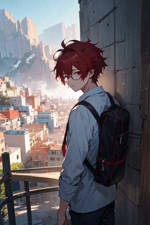  masterpiece, best quality, high quality, highres, official art, extremely detailed, ultra detailed, absurdres, detailed eyes, ((male, 1boy)), red hair, school, anime, slender, red eyes, scenery, background, glasses, messy hair with bangs,