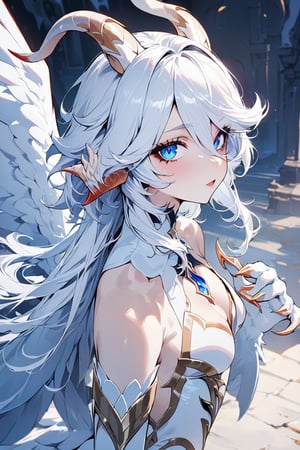 ((masterpiece)), ultra detailed, best quality, illustration, Beautiful eyes, detailed, background, stunning eyes, female, winged, white scales, crimson underbelly, horns, white hair, claws, large wings, detailed scales, anthro,focalors \(genshin impact\)