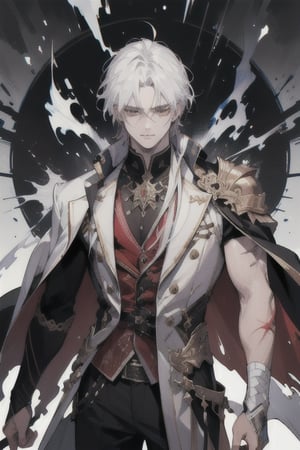 (masterpiece, best quality, highres:1.3), ultra resolution image, (1guy), (solo), male, scarred, magic, handsome, handsome, powerful figure, white hair, shoulder length hair,1guy, scarred face, clawed face, scars,