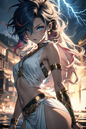 manga, anime, illustration, digital art, (masterpiece, best quality:1.2), (ultra detailed),(illustration), wallpaper, original, female, long black and red hair, messy hair, greek_mythology, white chiton, long hair, wrath, lithe, athletic figure, midjourney, greek clothes, stormy blue eyes, piercing eyes, multicolored_hair, lightning,