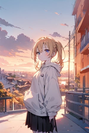 ((masterpiece)), ultra detailed, best quality, illustration, Beautiful eyes, detailed, background, scenery, stunning eyes, female, 1girl, slender, petite, pale skin, cute, blonde hair, detailed hair, pig tails, skirt, white large hoodie,,rinrinne